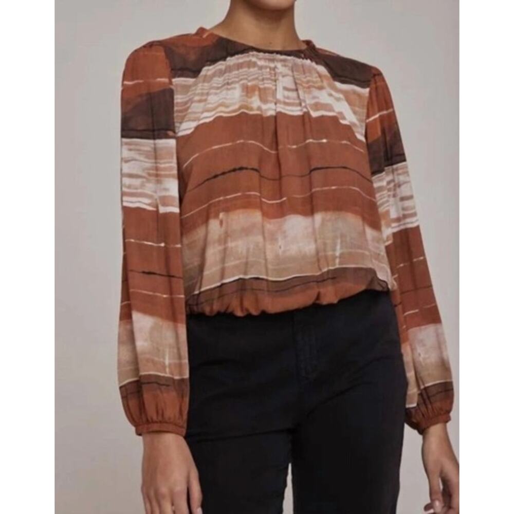 Bella Dahl Elastic Shirred Top Sz S In Rust Stripes Print Neutral Brown